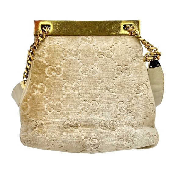 GUCCI Vintage GG Monogram Logo Shoulder Bag Crossbody Cream Gold Velour [105802] - Picture 7 of 13